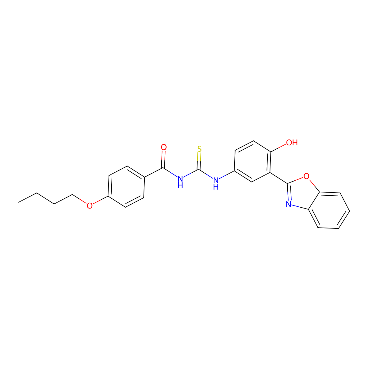 N-((3-(benzo[d]oxazol-2-yl)-4-hydroxyphenyl)carbamothioyl)-4-butoxybenzamide molecular structure, CAS 428473-11-4
