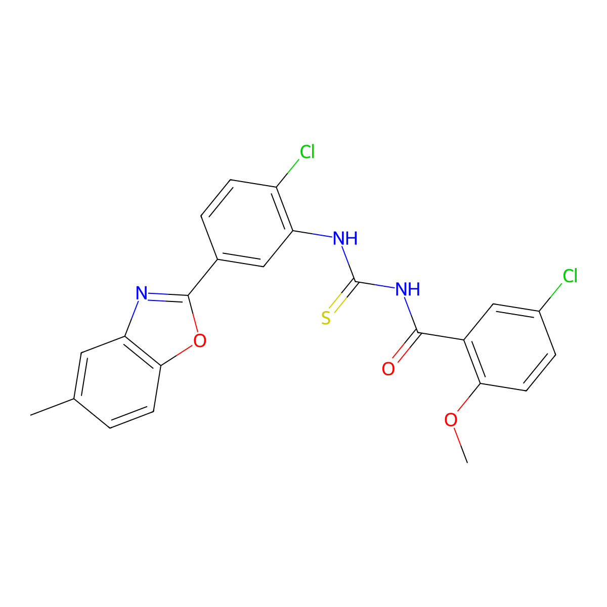 5-chloro-N-[[2-chloro-5-(5-methyl-1,3-benzoxazol-2-yl)phenyl]carbamothioyl]-2-methoxybenzamide molecular structure, CAS 428475-47-2