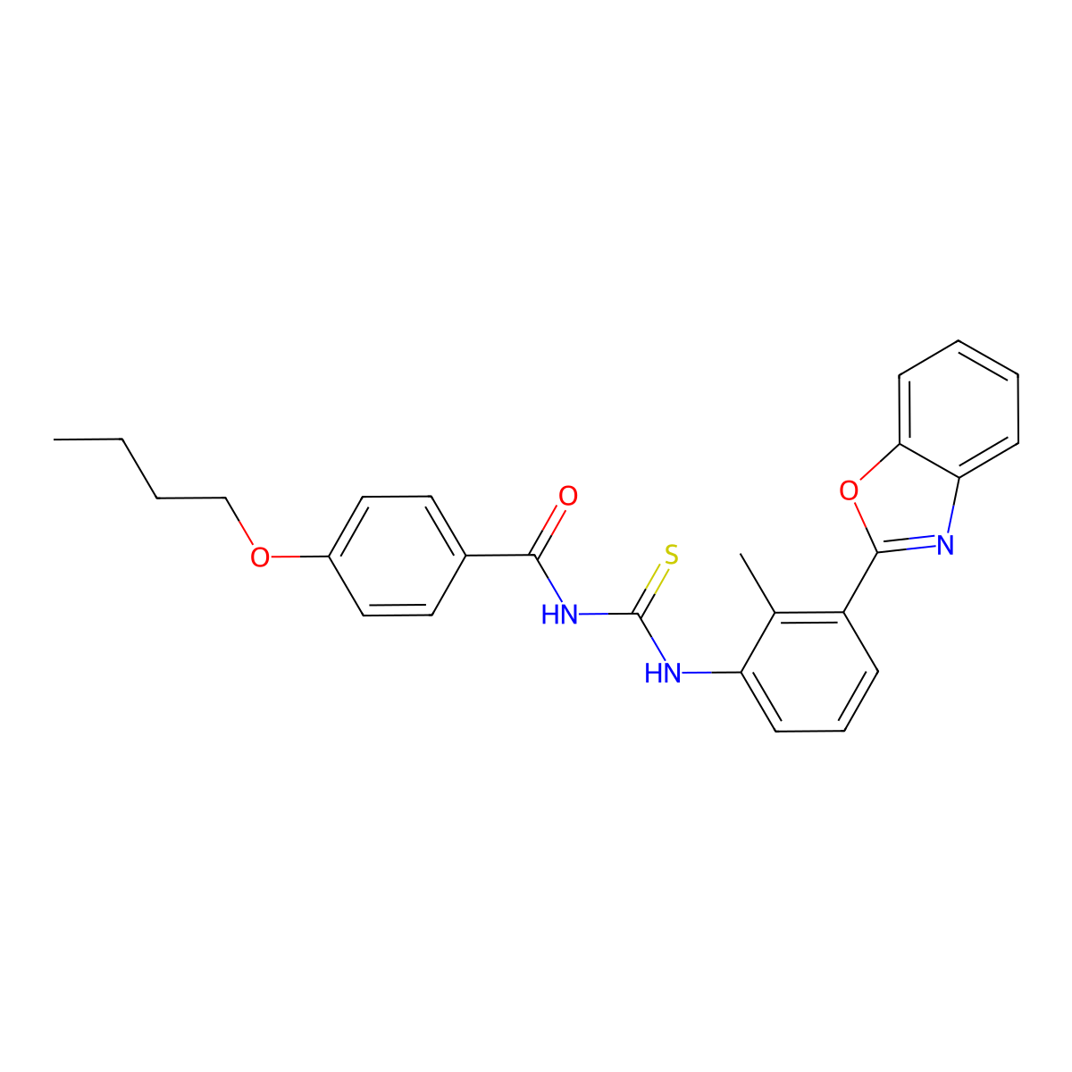 N-[[3-(1,3-benzoxazol-2-yl)-2-methylphenyl]carbamothioyl]-4-butoxybenzamide molecular structure, CAS 428476-67-9