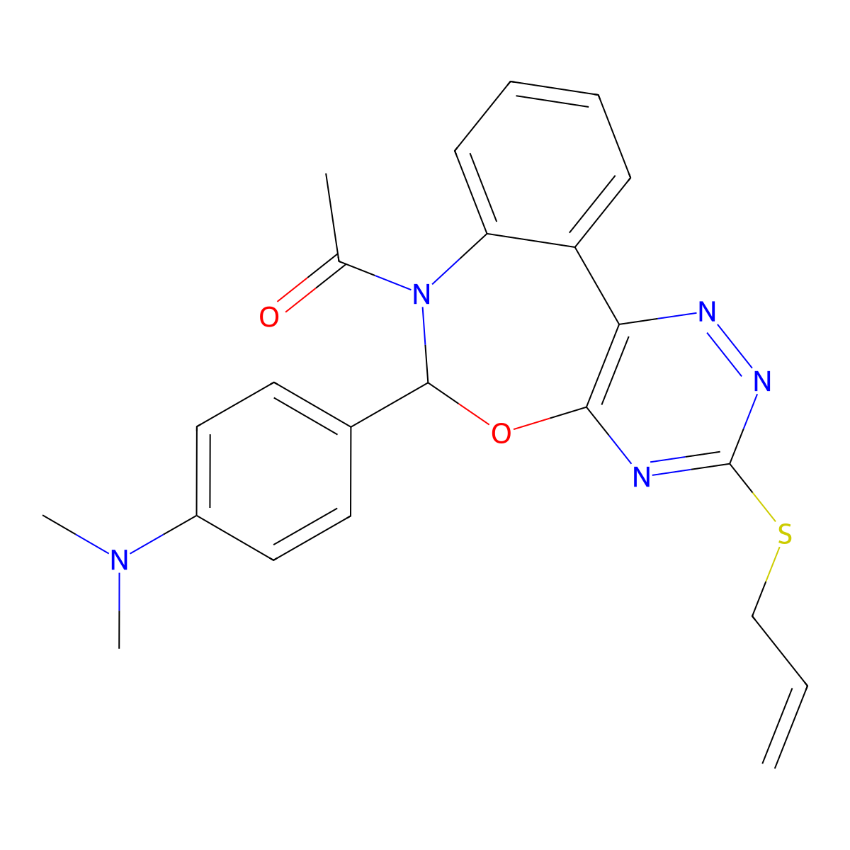 N-{4-[7-acetyl-3-(allylsulfanyl)-6,7-dihydro[1,2,4]triazino[5,6-d][3,1]benzoxazepin-6-yl]phenyl}-N,N-dimethylamine molecular structure, CAS 428480-38-0