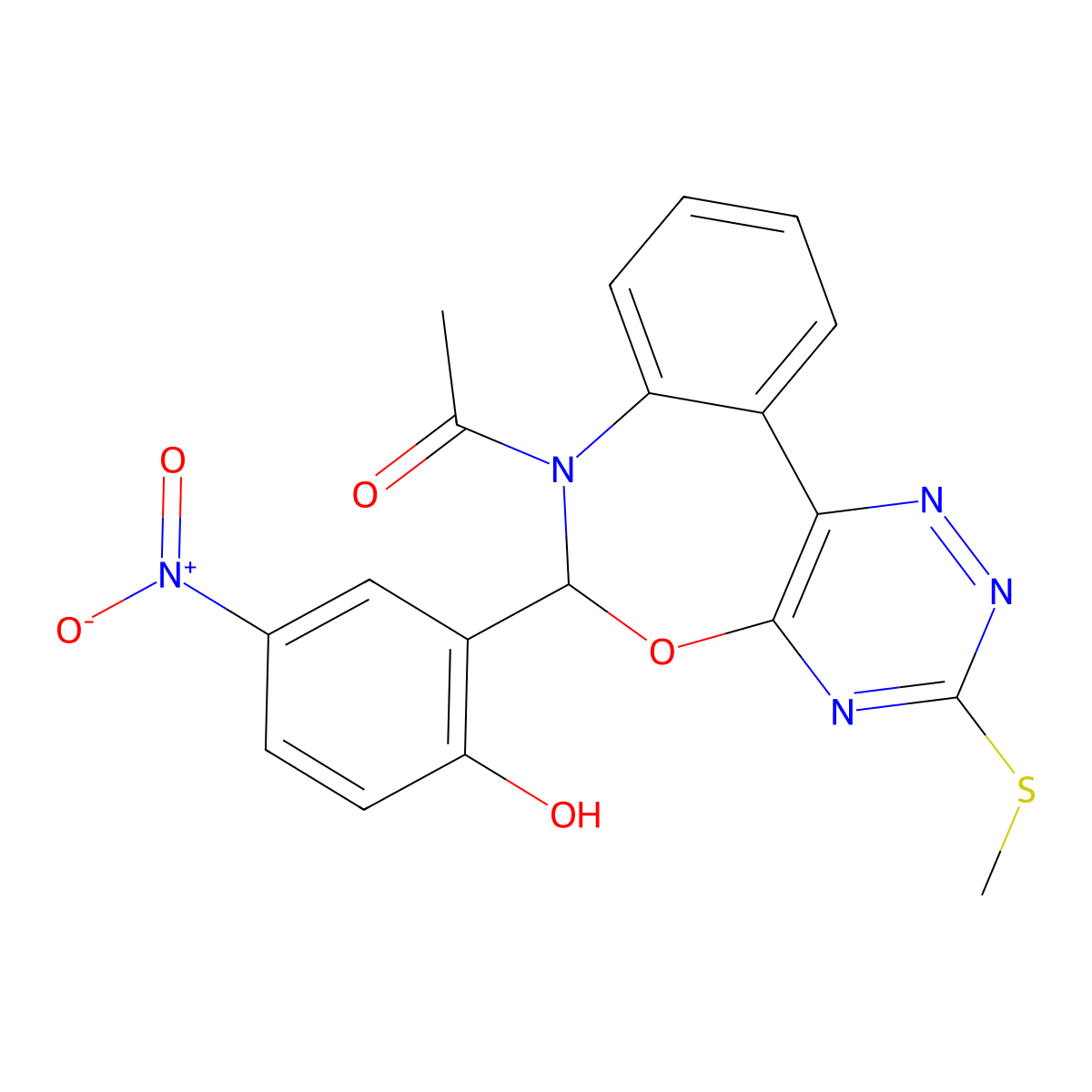 1-[6-(2-hydroxy-5-nitrophenyl)-3-methylsulfanyl-6H-[1,2,4]triazino[5,6-d][3,1]benzoxazepin-7-yl]ethanone molecular structure, CAS 428481-40-7