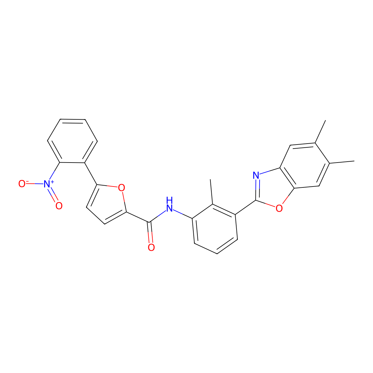 N-[3-(5,6-dimethyl-1,3-benzoxazol-2-yl)-2-methylphenyl]-5-(2-nitrophenyl)furan-2-carboxamide molecular structure, CAS 428493-62-3