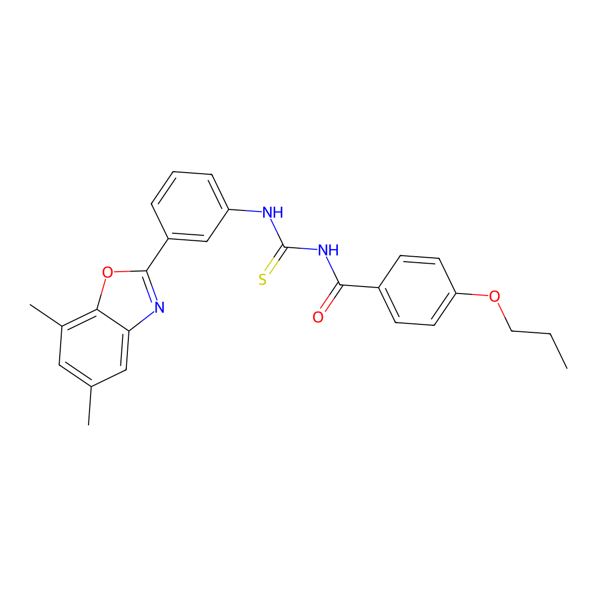 N-[[3-(5,7-dimethyl-1,3-benzoxazol-2-yl)phenyl]carbamothioyl]-4-propoxybenzamide molecular structure, CAS 428495-48-1