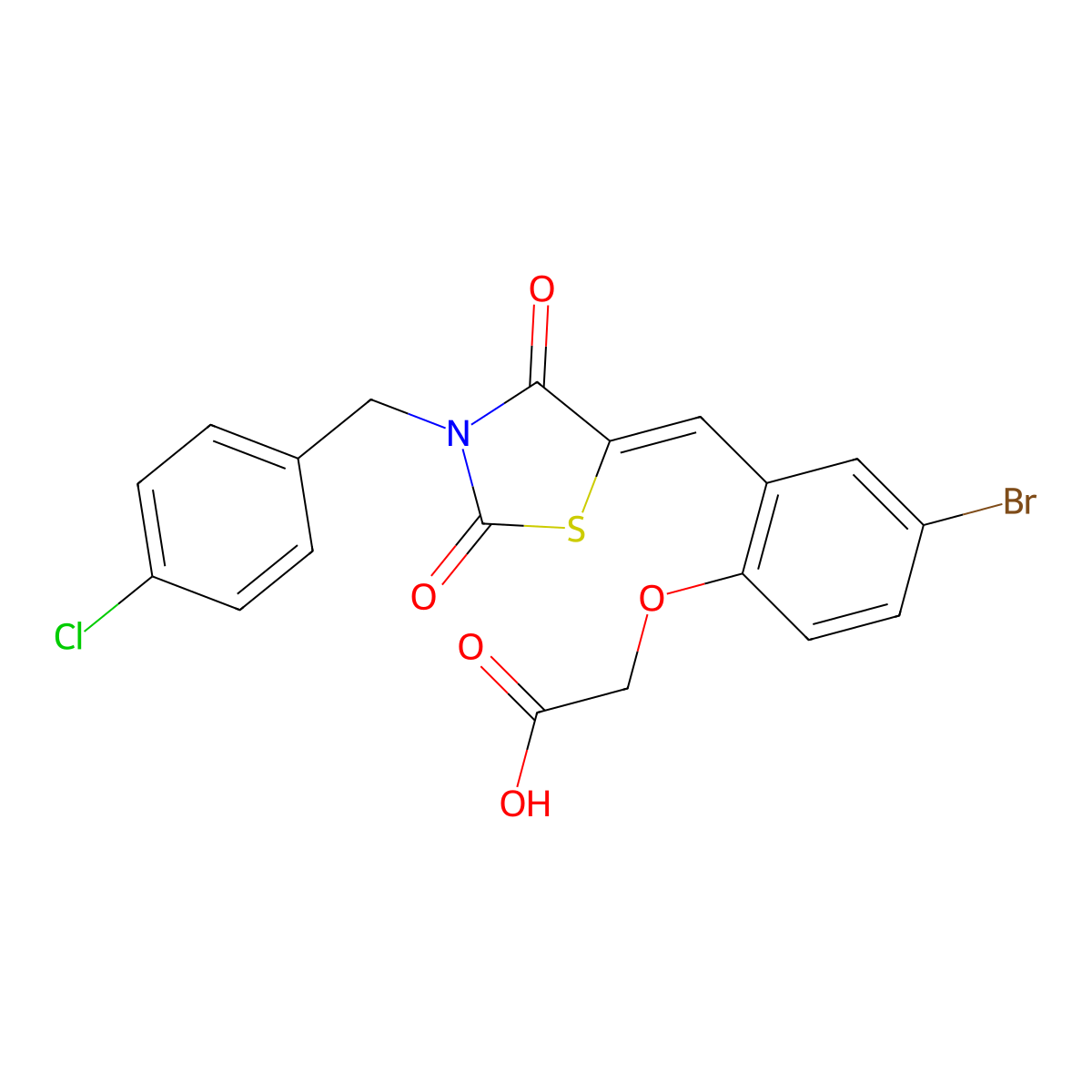 (4-bromo-2-{(Z)-[3-(4-chlorobenzyl)-2,4-dioxo-1,3-thiazolidin-5-ylidene]methyl}phenoxy)acetic acid molecular structure, CAS 428497-71-6
