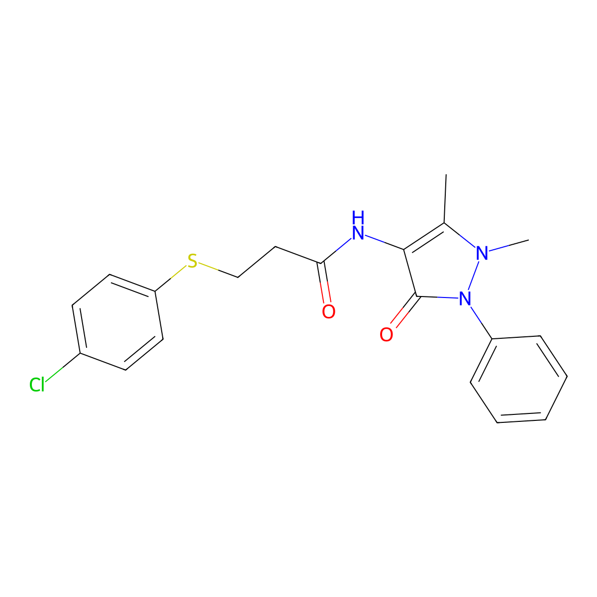 3-[(4-chlorophenyl)sulfanyl]-N-(1,5-dimethyl-3-oxo-2-phenyl-2,3-dihydro-1H-pyrazol-4-yl)propanamide molecular structure, CAS 428498-14-0