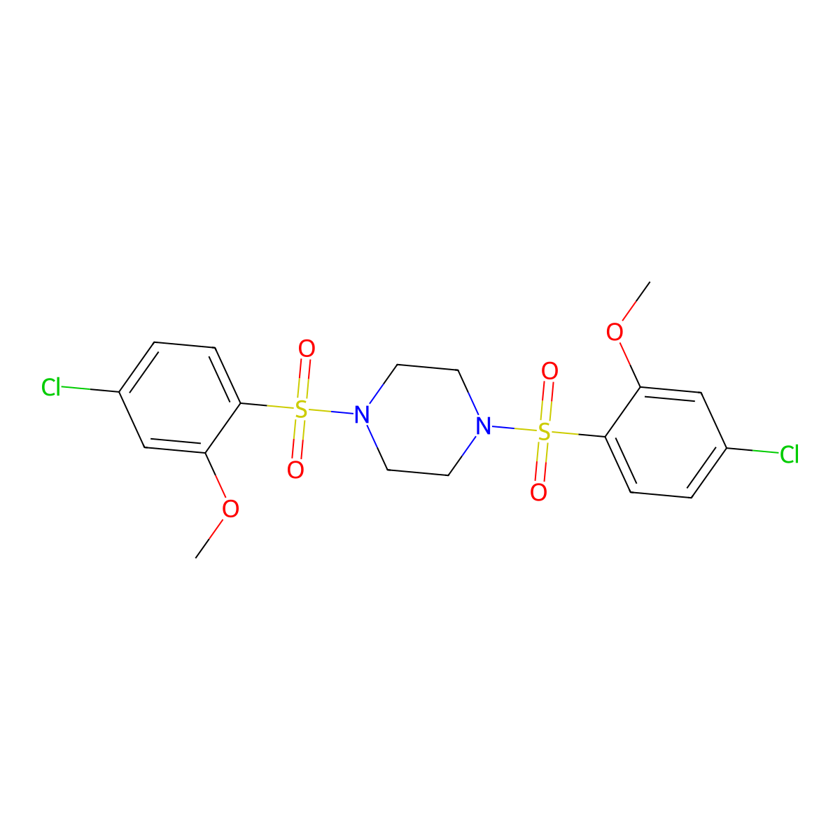 1,4-Bis(4-chloro-2-methoxybenzenesulfonyl)piperazine molecular structure, CAS 428498-35-5