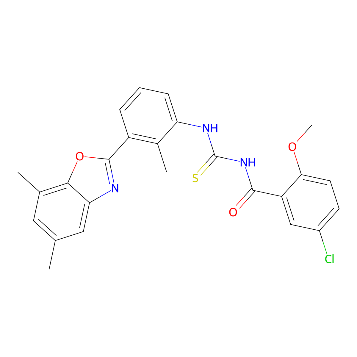 5-chloro-N-[[3-(5,7-dimethyl-1,3-benzoxazol-2-yl)-2-methylphenyl]carbamothioyl]-2-methoxybenzamide molecular structure, CAS 428502-31-2