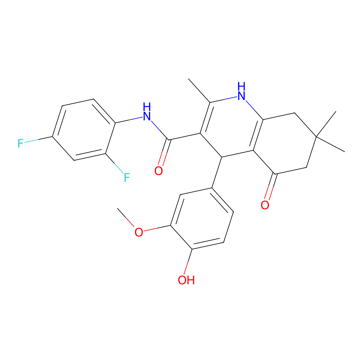 N-(2,4-difluorophenyl)-4-(4-hydroxy-3-methoxyphenyl)-2,7,7-trimethyl-5-oxo-1,4,6,8-tetrahydroquinoline-3-carboxamide molecular structure, CAS 428502-73-2