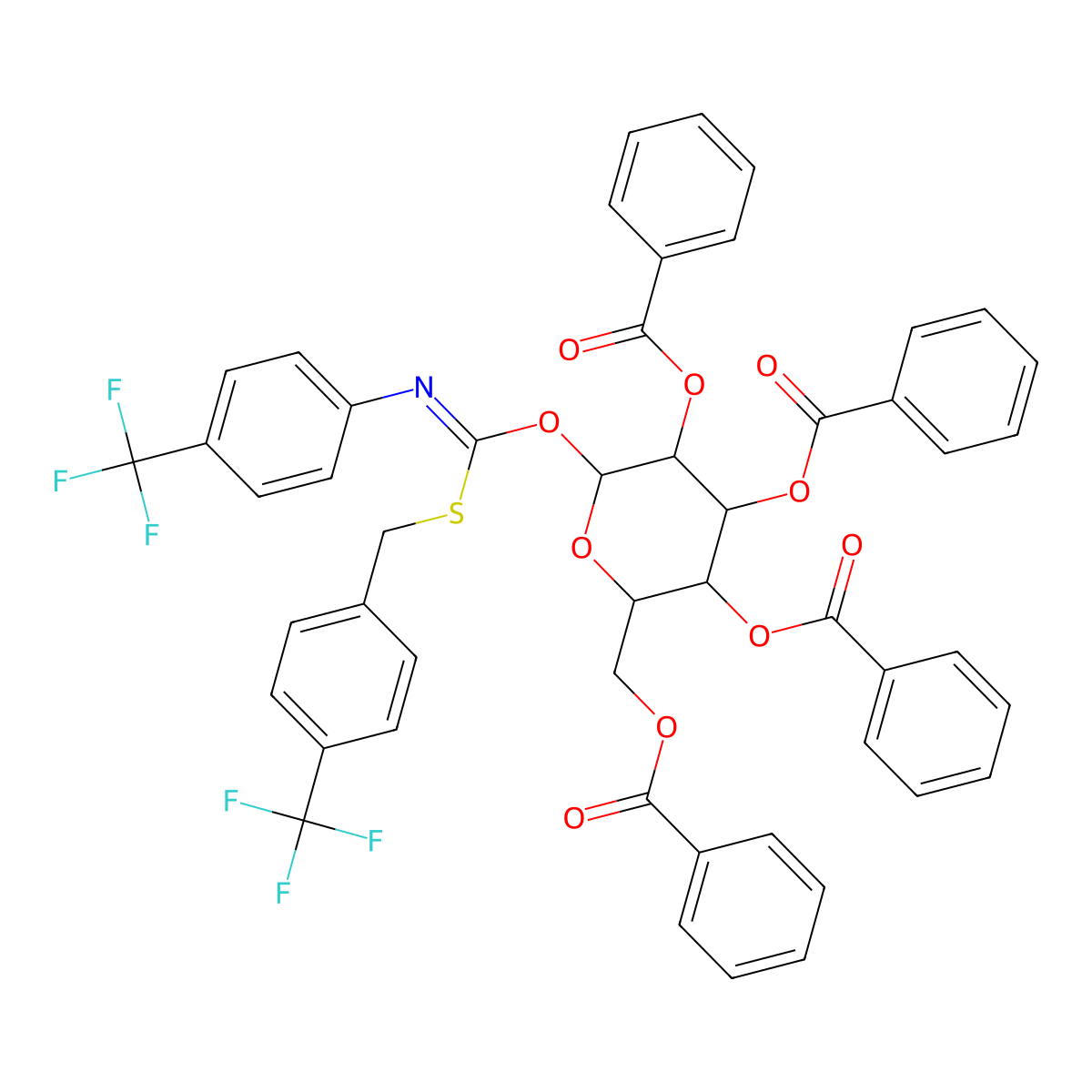 2,3,4,6-Tetra-O-benzoyl-alpha-D-glucopyranosyl p-Trifluoromethylbenzylthio-N-(p-trifluoromethylphenyl)formimidate molecular structure, CAS 428816-48-2