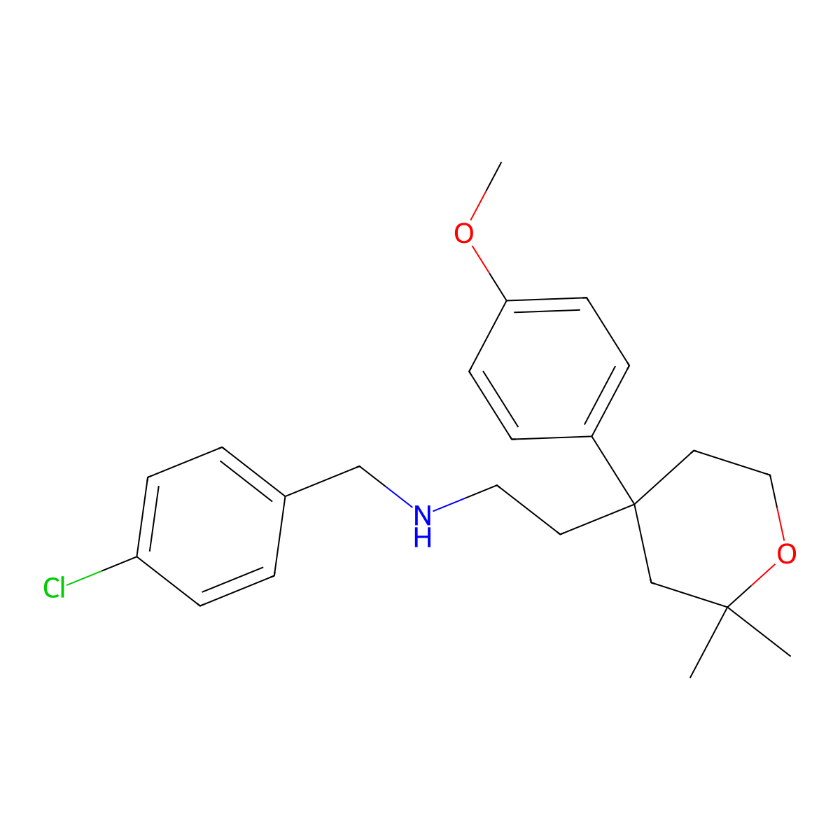 N-[(4-chlorophenyl)methyl]-2-[4-(4-methoxyphenyl)-2,2-dimethyloxan-4-yl]ethanamine molecular structure, CAS 428823-29-4