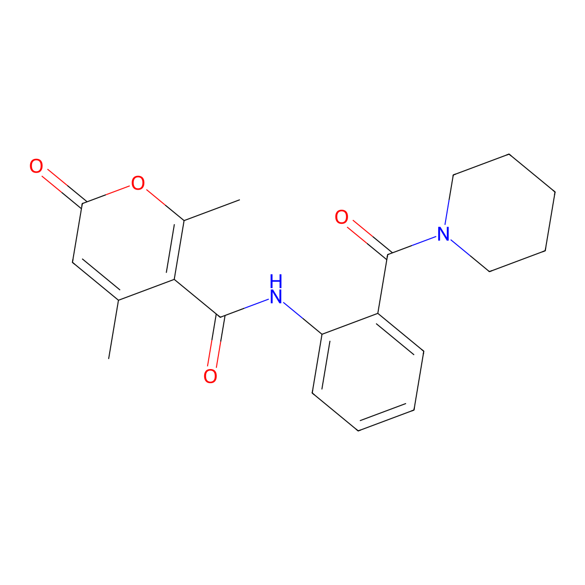 2,4-dimethyl-6-oxo-N-[2-(piperidine-1-carbonyl)phenyl]pyran-3-carboxamide molecular structure, CAS 428823-34-1