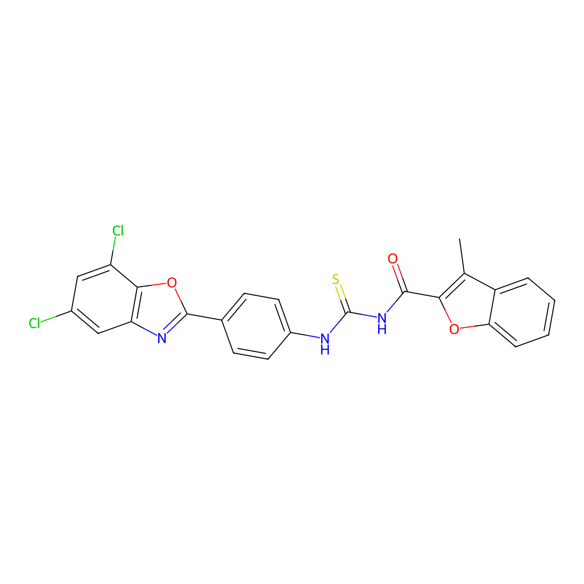 N-[[4-(5,7-dichloro-1,3-benzoxazol-2-yl)phenyl]carbamothioyl]-3-methyl-1-benzofuran-2-carboxamide molecular structure, CAS 428823-94-3