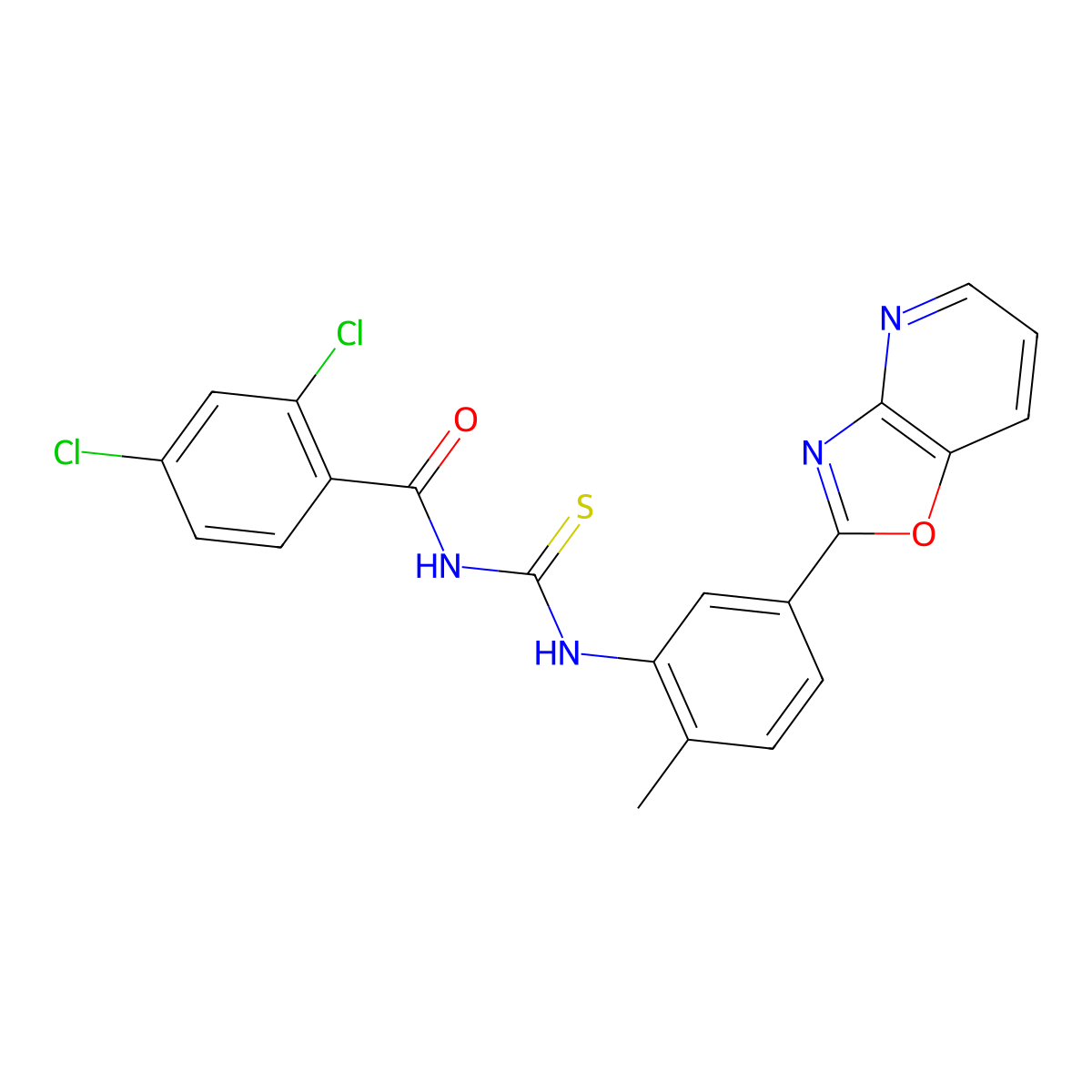 2,4-dichloro-N-[[2-methyl-5-([1,3]oxazolo[4,5-b]pyridin-2-yl)phenyl]carbamothioyl]benzamide molecular structure, CAS 428824-58-2