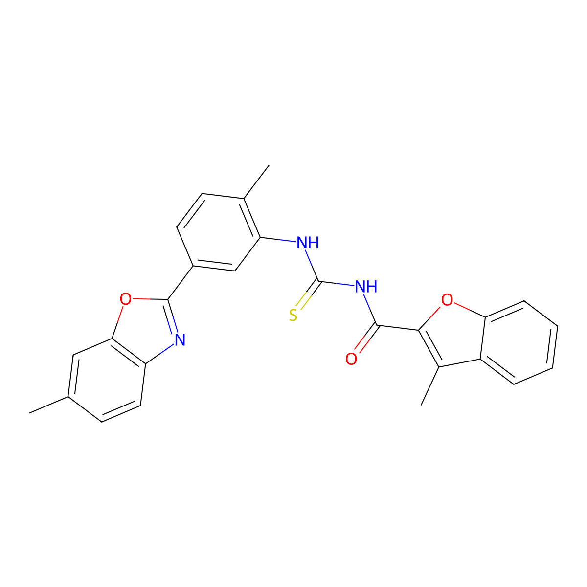 3-methyl-N-[[2-methyl-5-(6-methyl-1,3-benzoxazol-2-yl)phenyl]carbamothioyl]-1-benzofuran-2-carboxamide molecular structure, CAS 428825-97-2