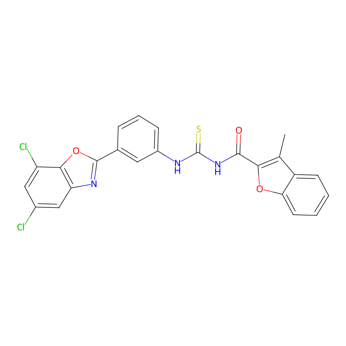 N-[[3-(5,7-dichloro-1,3-benzoxazol-2-yl)phenyl]carbamothioyl]-3-methyl-1-benzofuran-2-carboxamide molecular structure, CAS 428828-49-3