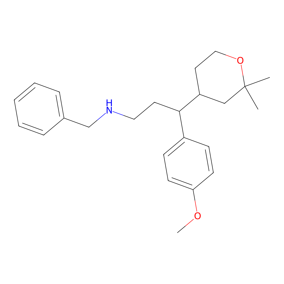 N-benzyl-3-(2,2-dimethyloxan-4-yl)-3-(4-methoxyphenyl)propan-1-amine molecular structure, CAS 428828-73-3