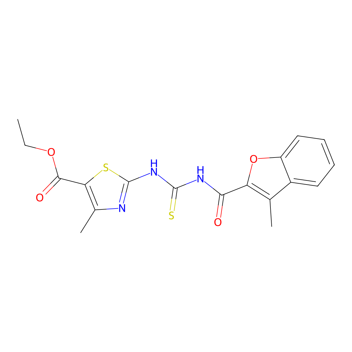 Ethyl 4-methyl-2-({[(3-methyl-1-benzofuran-2-yl)carbonyl]carbamothioyl}amino)-1,3-thiazole-5-carboxylate molecular structure, CAS 428830-30-2