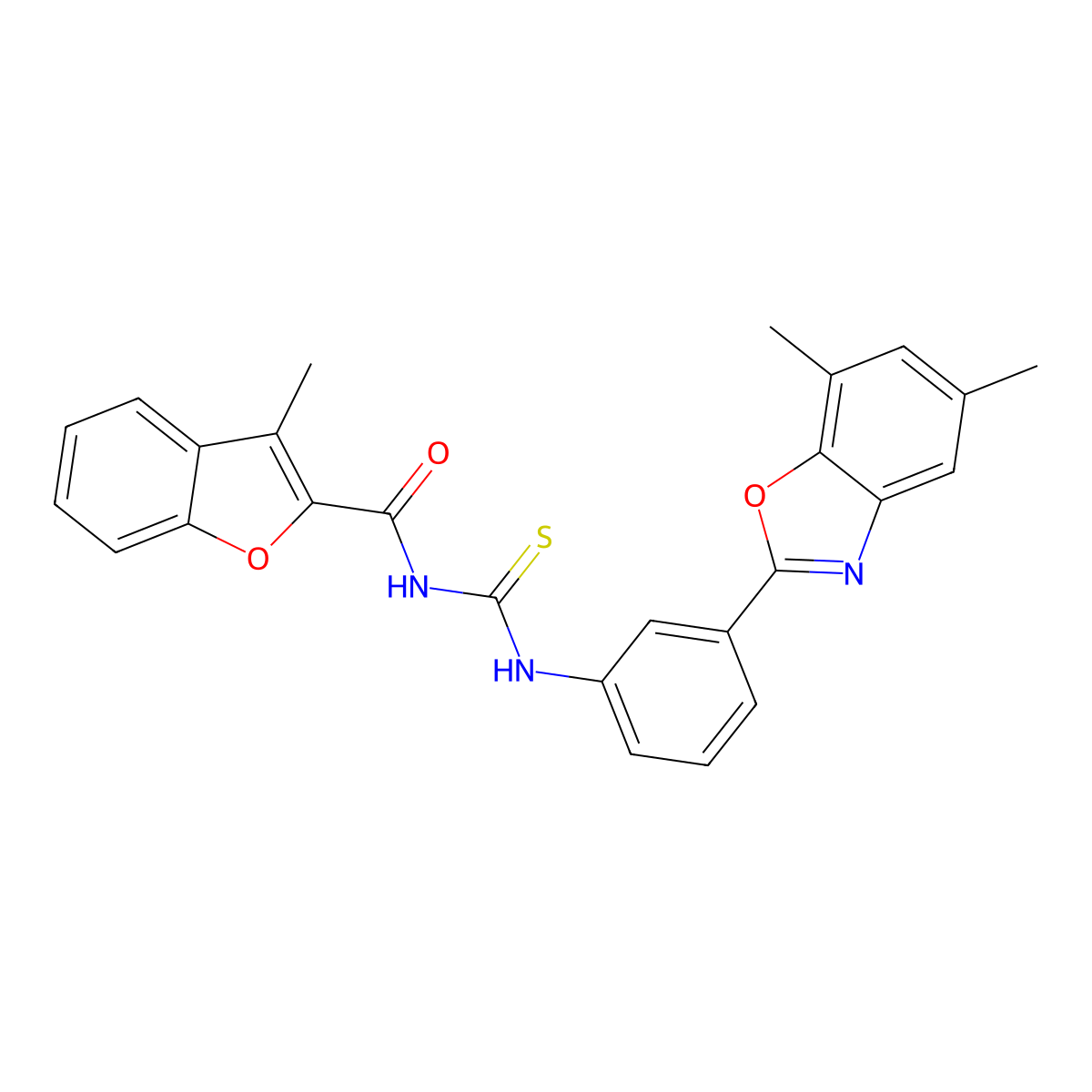N-[[3-(5,7-dimethyl-1,3-benzoxazol-2-yl)phenyl]carbamothioyl]-3-methyl-1-benzofuran-2-carboxamide molecular structure, CAS 428830-99-3