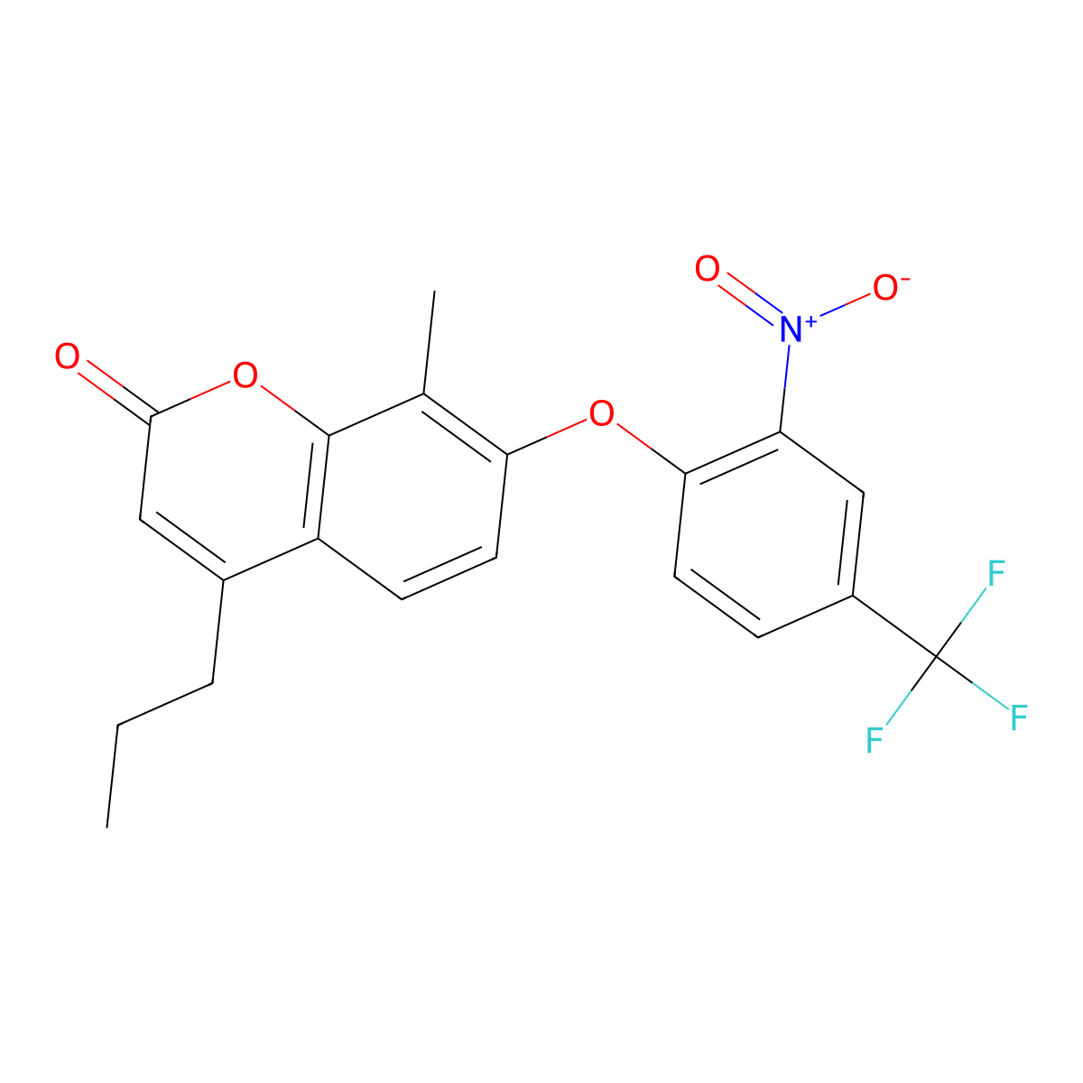 8-Methyl-7-[2-nitro-4-(trifluoromethyl)phenoxy]-4-propylchromen-2-one molecular structure, CAS 428833-45-8