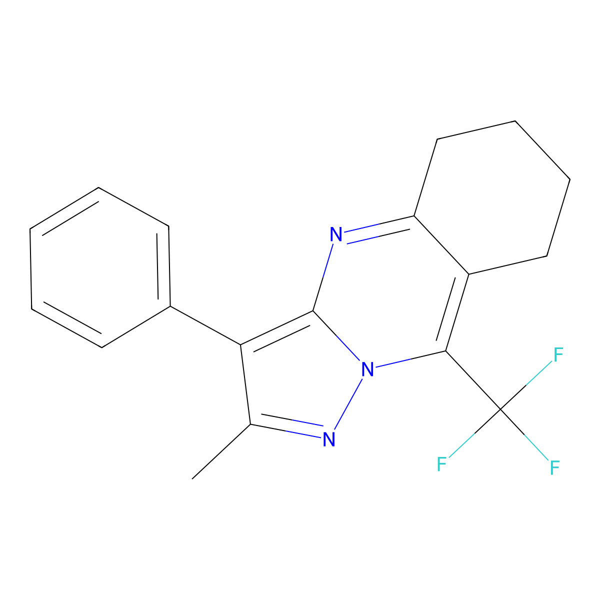 2-Methyl-3-phenyl-9-(trifluoromethyl)-5,6,7,8-tetrahydropyrazolo[5,1-b]quinazoline molecular structure, CAS 428834-91-7
