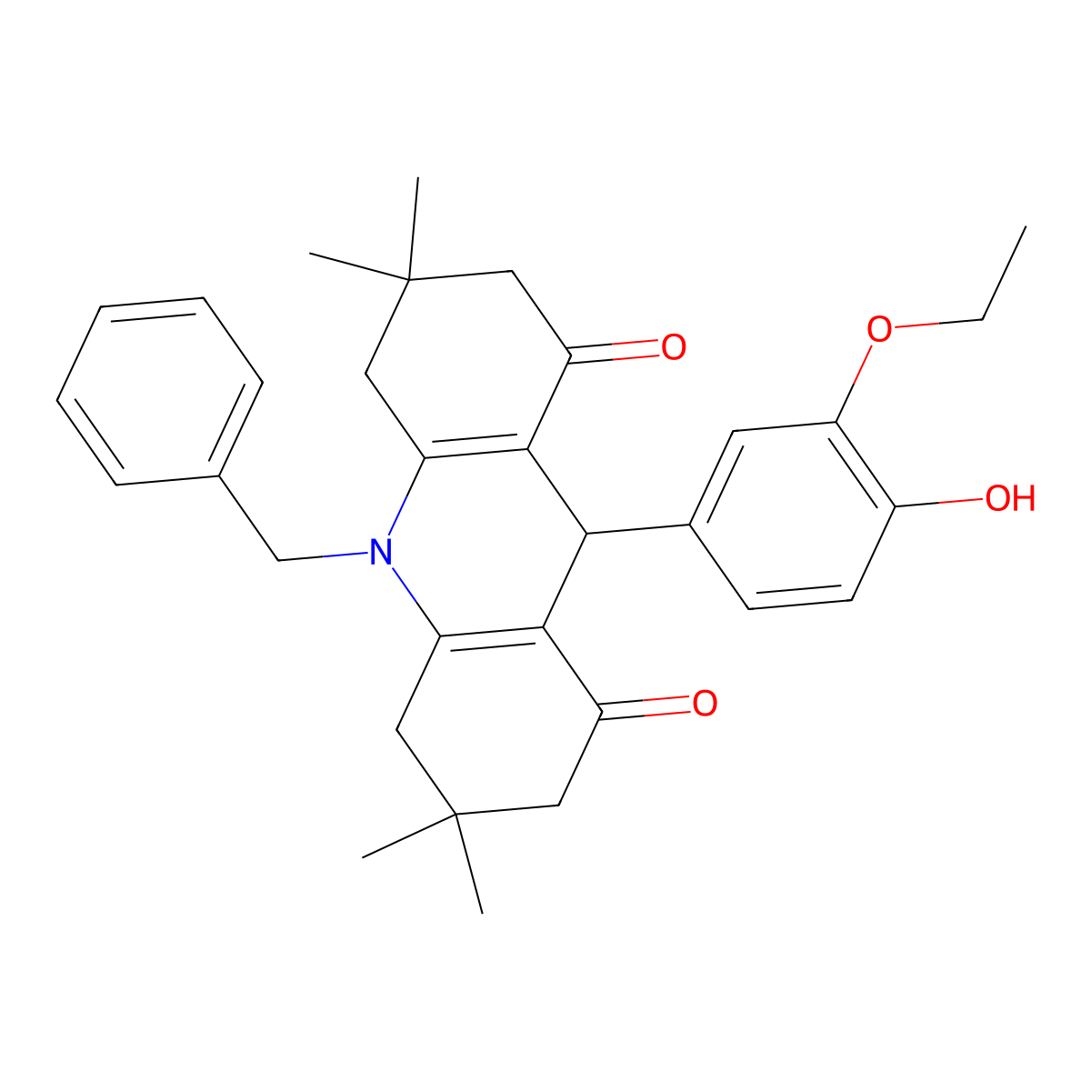 10-benzyl-9-(3-ethoxy-4-hydroxyphenyl)-3,3,6,6-tetramethyl-4,5,7,9-tetrahydro-2H-acridine-1,8-dione molecular structure, CAS 428835-13-6