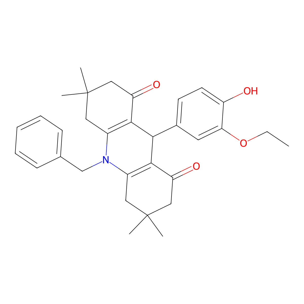 10-benzyl-9-(3-ethoxy-4-hydroxyphenyl)-3,3,6,6-tetramethyl-4,5,7,9-tetrahydro-2H-acridine-1,8-dione molecular structure, CAS 428835-13-6