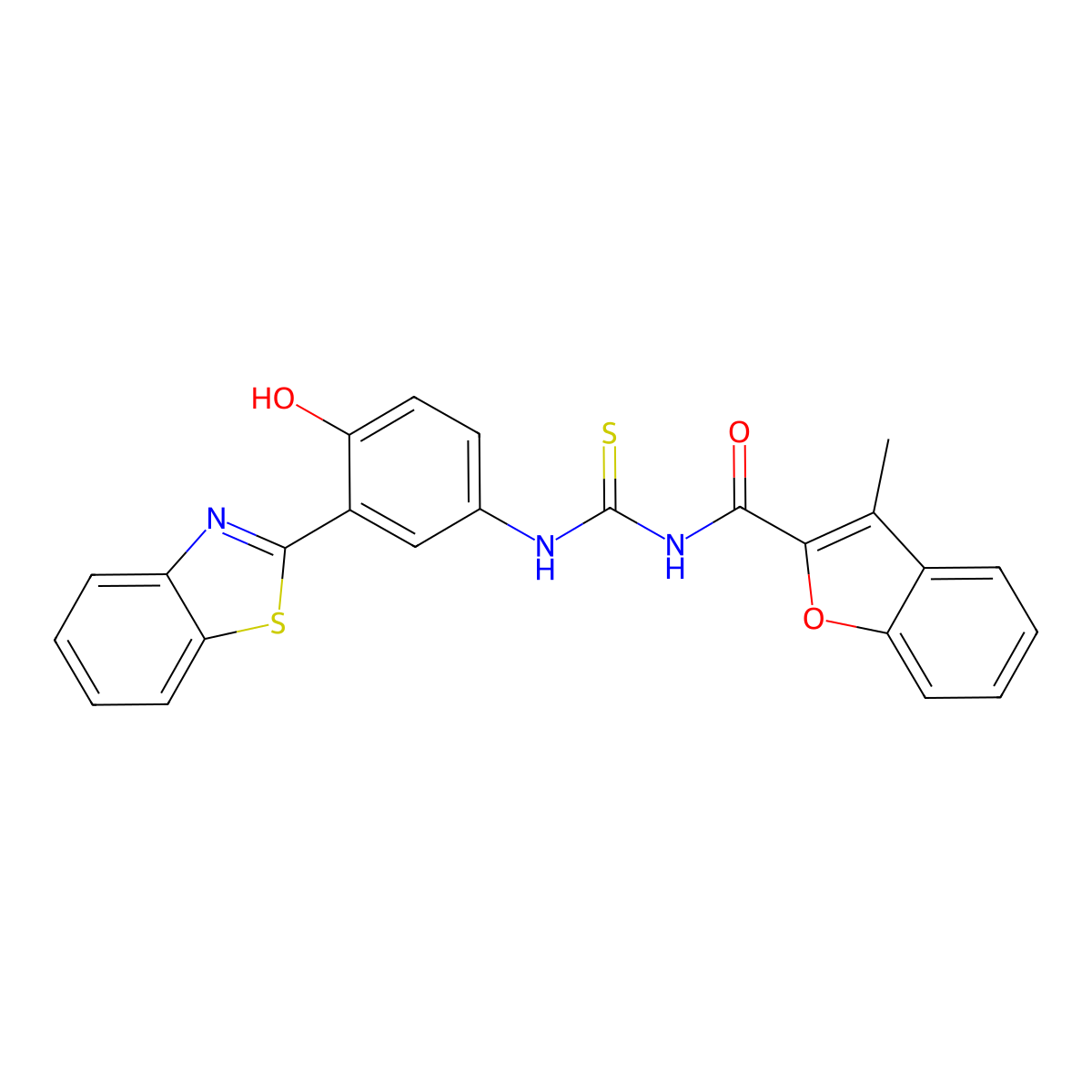 N-((3-(benzo[d]thiazol-2-yl)-4-hydroxyphenyl)carbamothioyl)-3-methylbenzofuran-2-carboxamide molecular structure, CAS 428838-77-1