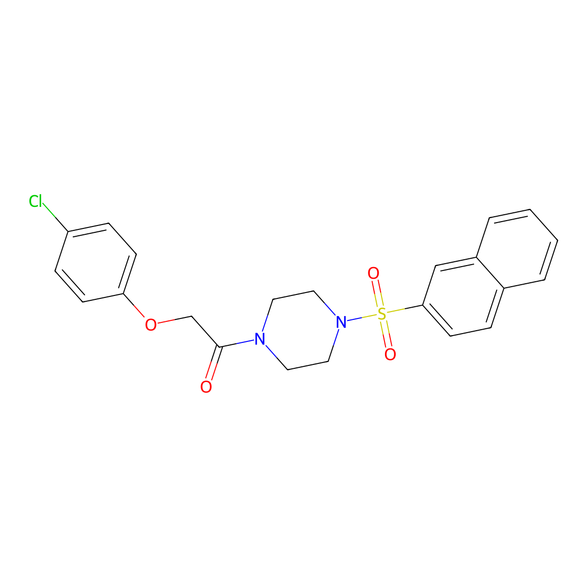 2-(4-Chlorophenoxy)-1-(4-naphthalen-2-ylsulfonylpiperazin-1-yl)ethanone molecular structure, CAS 428840-24-8