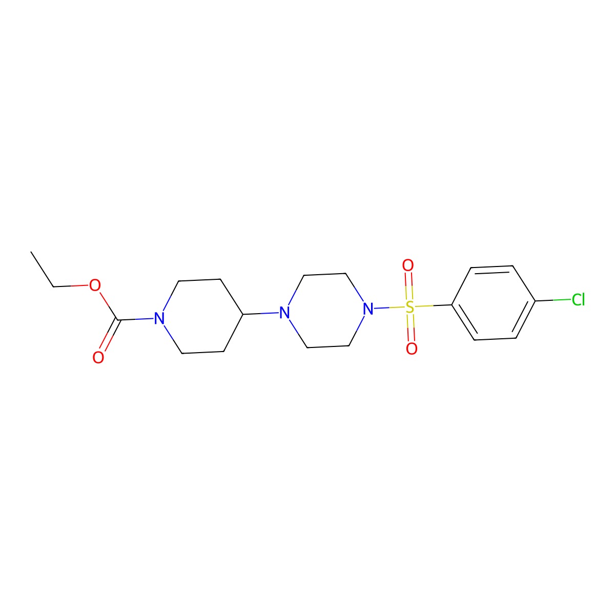 Ethyl 4-(4-((4-chlorophenyl)sulfonyl)piperazin-1-yl)piperidine-1-carboxylate molecular structure, CAS 428841-36-5