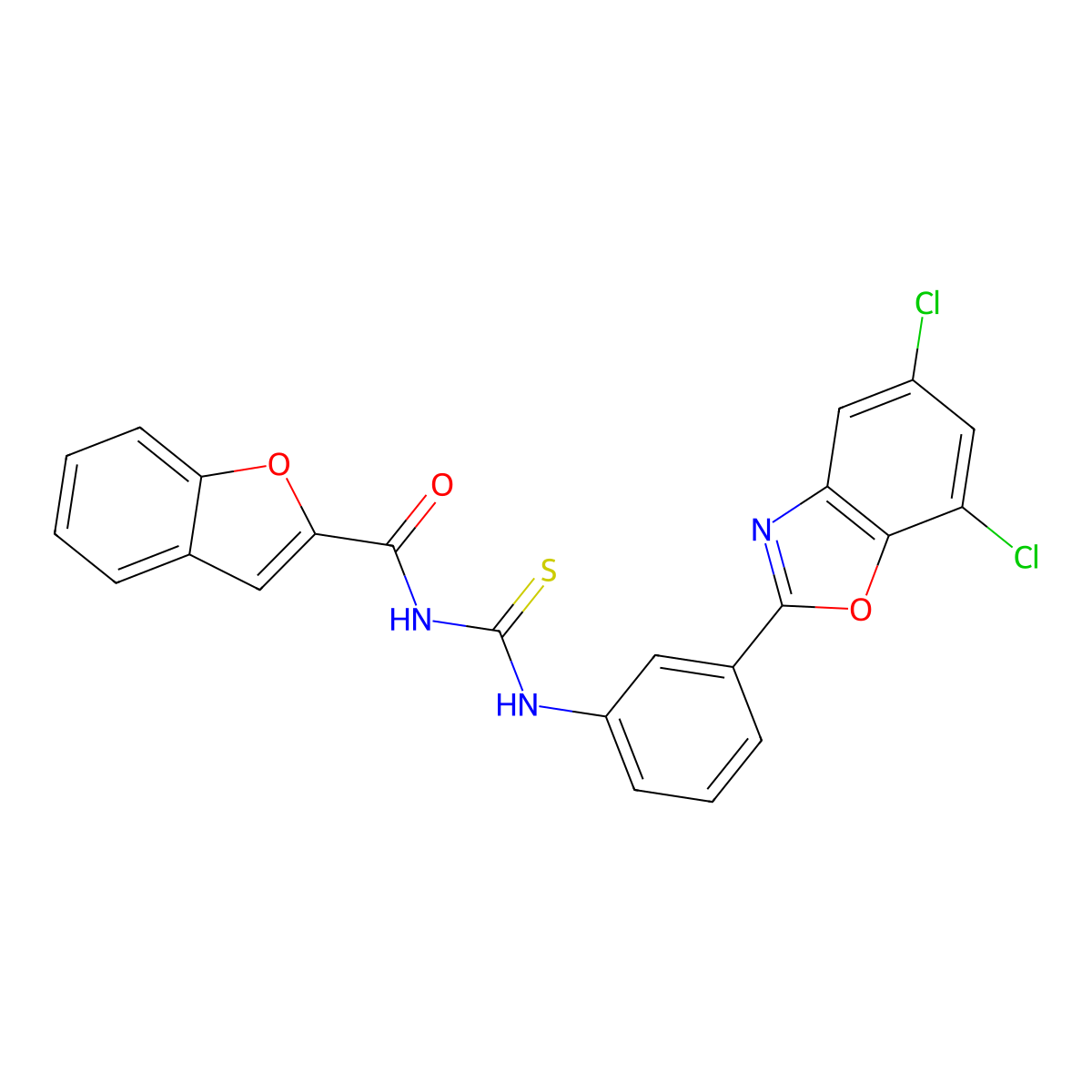 N-[[3-(5,7-dichloro-1,3-benzoxazol-2-yl)phenyl]carbamothioyl]-1-benzofuran-2-carboxamide molecular structure, CAS 428842-79-9