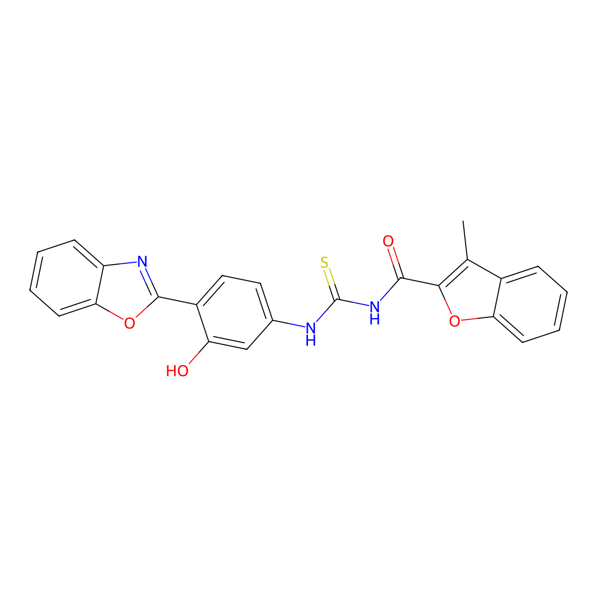N-((4-(benzo[d]oxazol-2-yl)-3-hydroxyphenyl)carbamothioyl)-3-methylbenzofuran-2-carboxamide molecular structure, CAS 428843-55-4