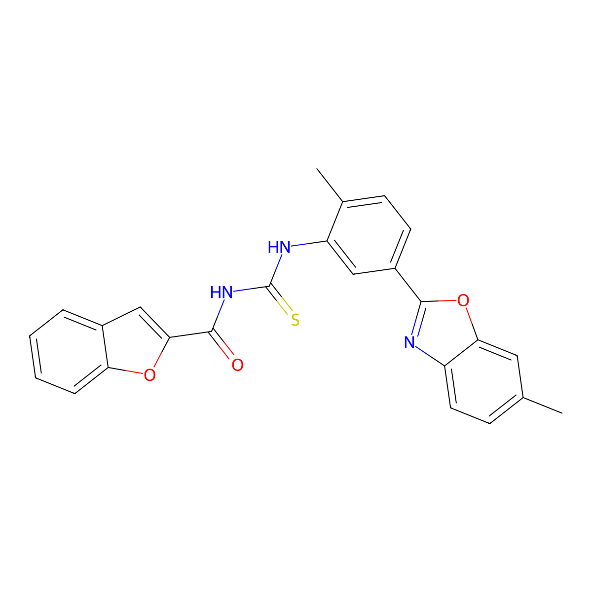N-[[2-methyl-5-(6-methyl-1,3-benzoxazol-2-yl)phenyl]carbamothioyl]-1-benzofuran-2-carboxamide molecular structure, CAS 428844-00-2