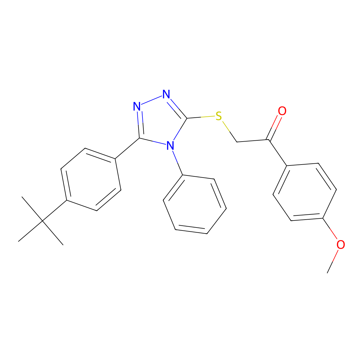 2-[[5-(4-Tert-butylphenyl)-4-phenyl-1,2,4-triazol-3-yl]sulfanyl]-1-(4-methoxyphenyl)ethanone molecular structure, CAS 428844-37-5