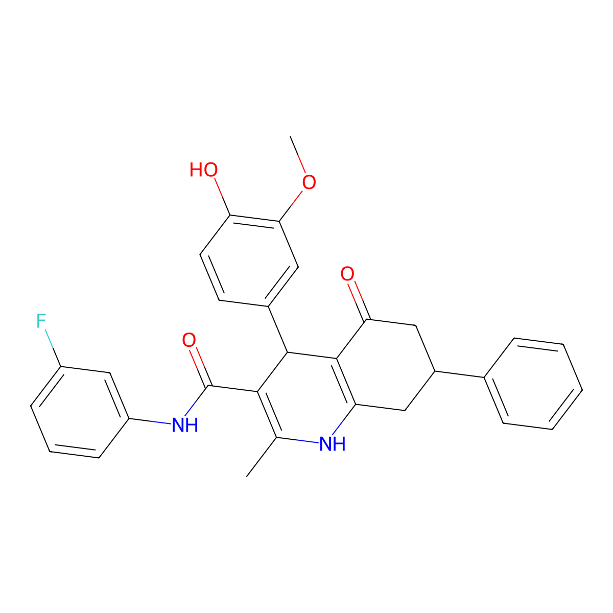 N-(3-Fluorophenyl)-4-(4-hydroxy-3-methoxyphenyl)-2-methyl-5-oxo-7-phenyl-1,4,5,6,7,8-hexahydro-3-quinolinecarboxamide molecular structure, CAS 428844-38-6