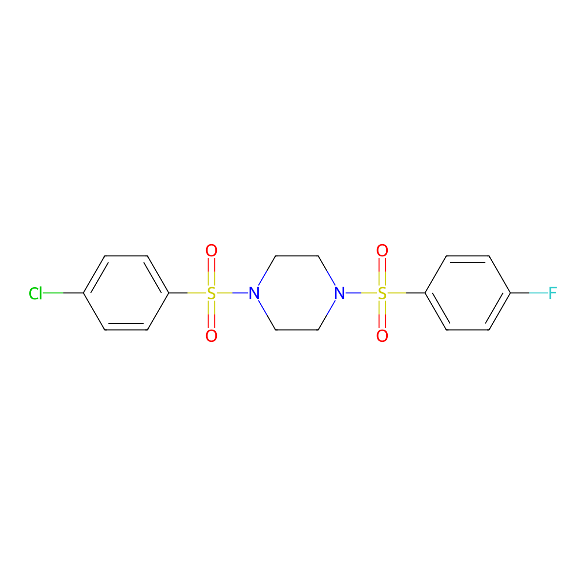 1-(4-Chlorophenyl)sulfonyl-4-(4-fluorophenyl)sulfonylpiperazine molecular structure, CAS 428844-39-7