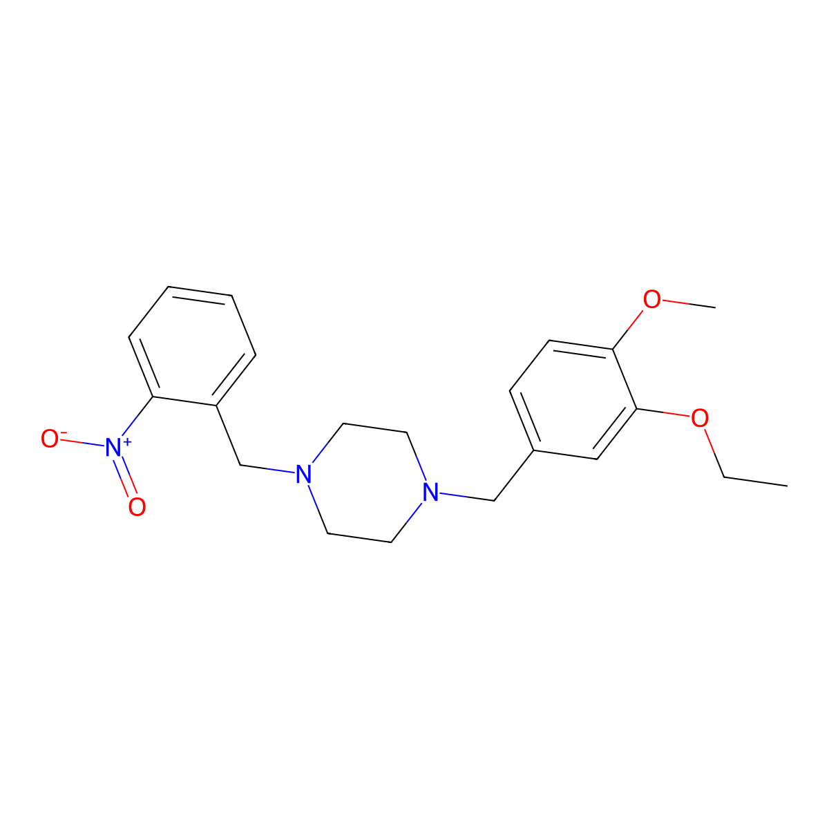 1-[(3-Ethoxy-4-methoxyphenyl)methyl]-4-[(2-nitrophenyl)methyl]piperazine molecular structure, CAS 428847-97-6