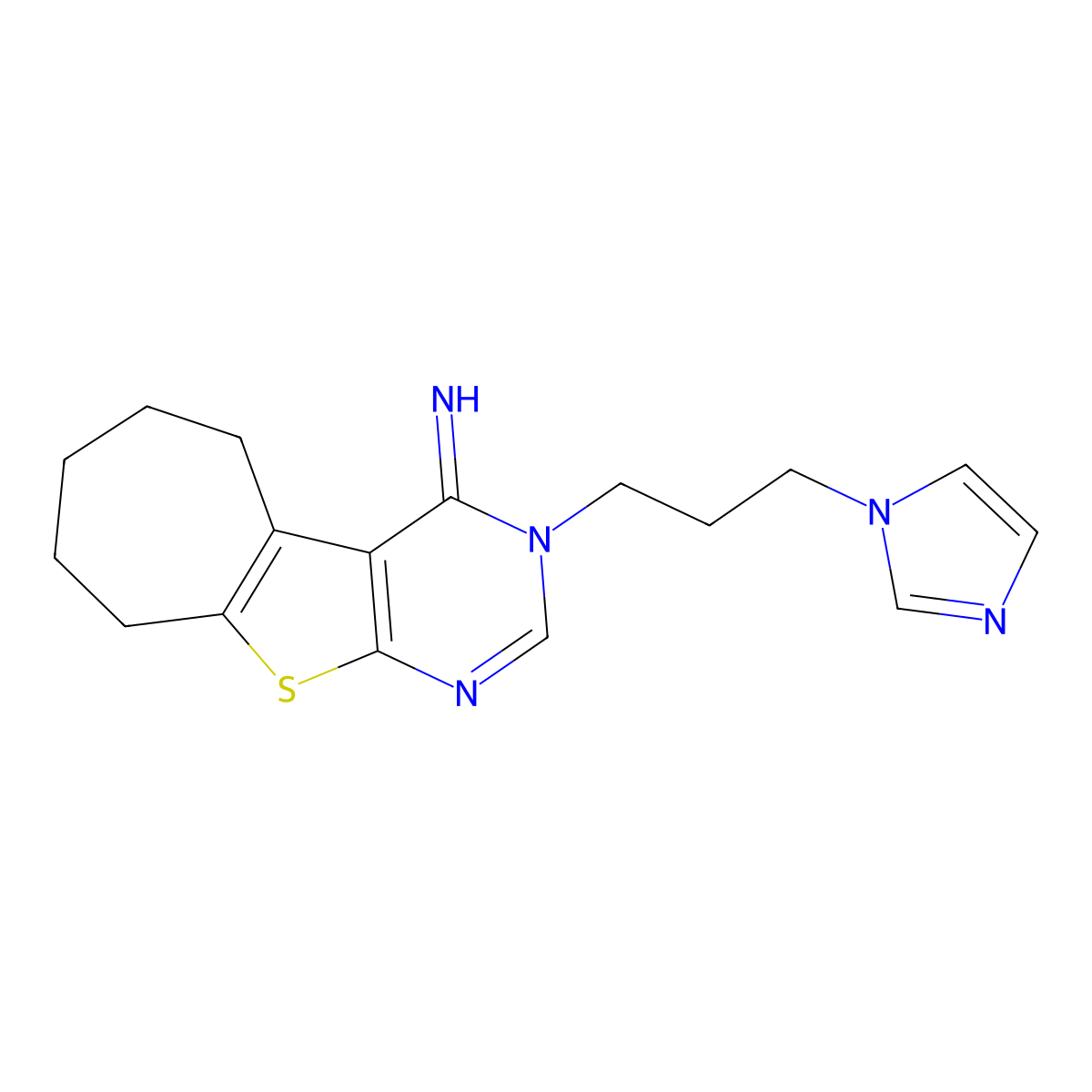 3-(3-imidazol-1-ylpropyl)-6,7,8,9-tetrahydro-5H-cyclohepta[2,3]thieno[2,4-d]pyrimidin-4-imine molecular structure, CAS 428848-39-9