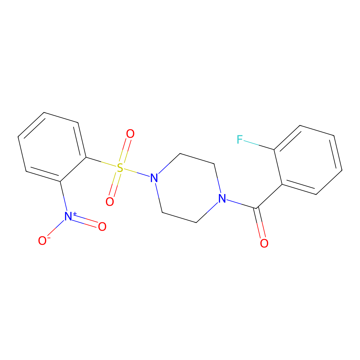 (2-Fluorophenyl)-[4-(2-nitrophenyl)sulfonylpiperazin-1-yl]methanone molecular structure, CAS 428849-03-0