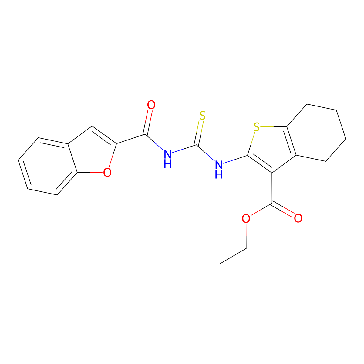 Ethyl 2-{[(1-benzofuran-2-ylcarbonyl)carbamothioyl]amino}-4,5,6,7-tetrahydro-1-benzothiophene-3-carboxylate molecular structure, CAS 428850-88-8