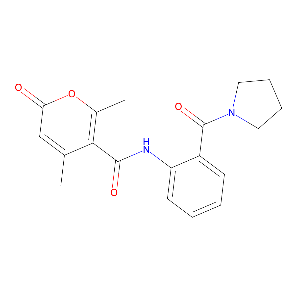 2,4-dimethyl-6-oxo-N-[2-(pyrrolidine-1-carbonyl)phenyl]pyran-3-carboxamide molecular structure, CAS 428851-51-8