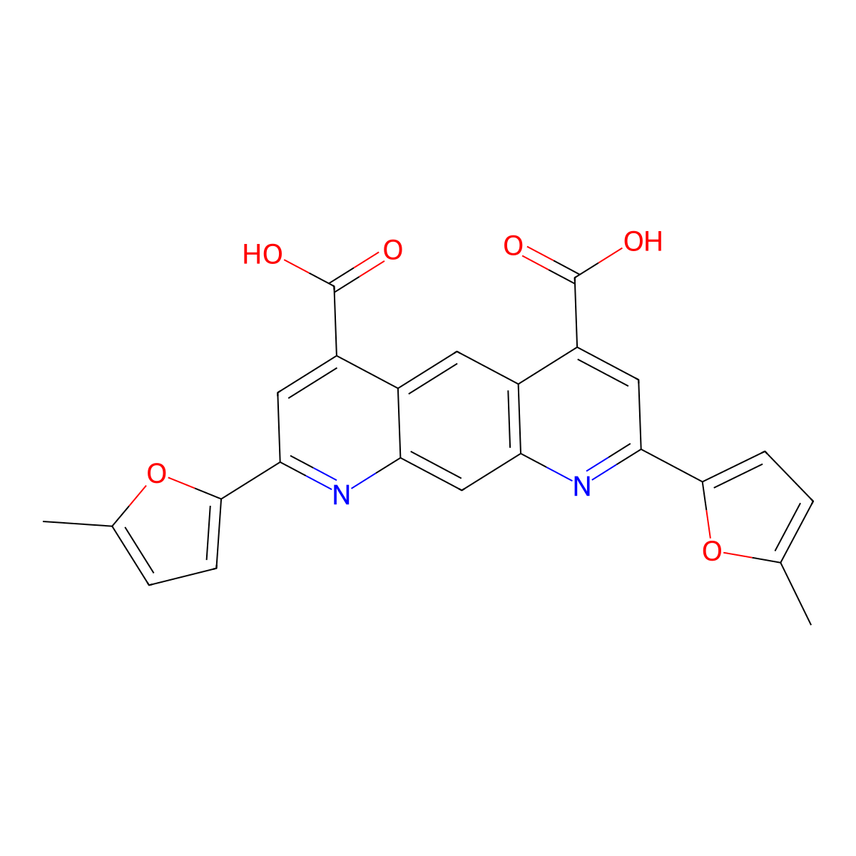 2,8-Bis(5-methylfuran-2-yl)pyrido[3,2-g]quinoline-4,6-dicarboxylic acid molecular structure, CAS 428856-45-5