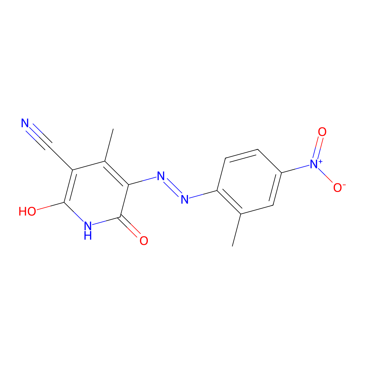 3-Pyridinecarbonitrile, 1,2-dihydro-6-hydroxy-4-methyl-5-[(2-methyl-4-nitrophenyl)azo]-2-oxo- molecular structure, CAS 42939-86-6