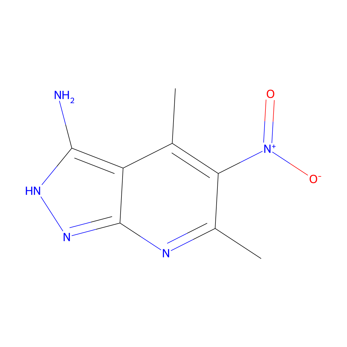 4,6-dimethyl-5-nitro-1H-pyrazolo[3,4-b]pyridin-3-amine molecular structure, CAS 42951-67-7
