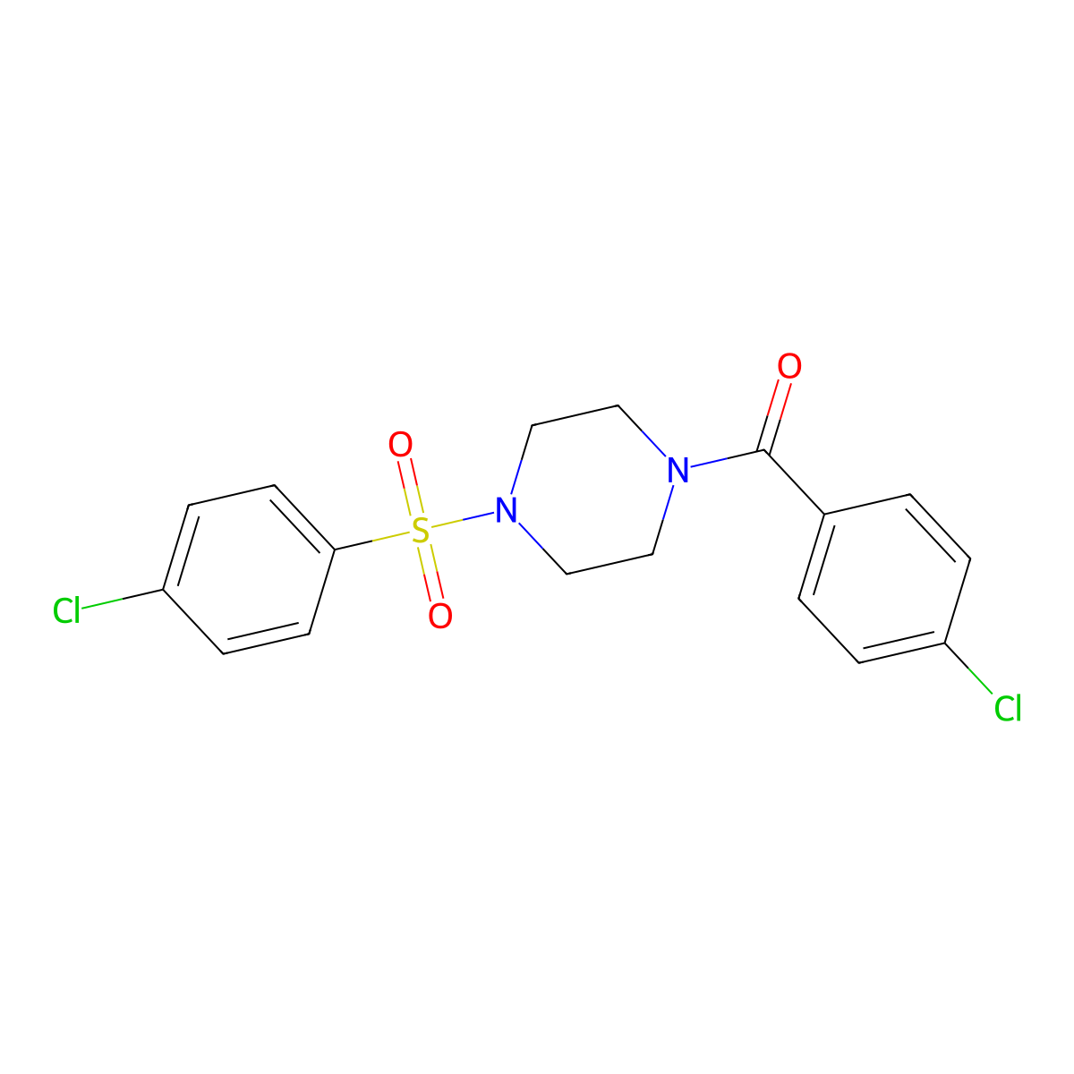 (4-Chlorophenyl)-[4-(4-chlorophenyl)sulfonylpiperazin-1-yl]methanone molecular structure, CAS 429621-02-3