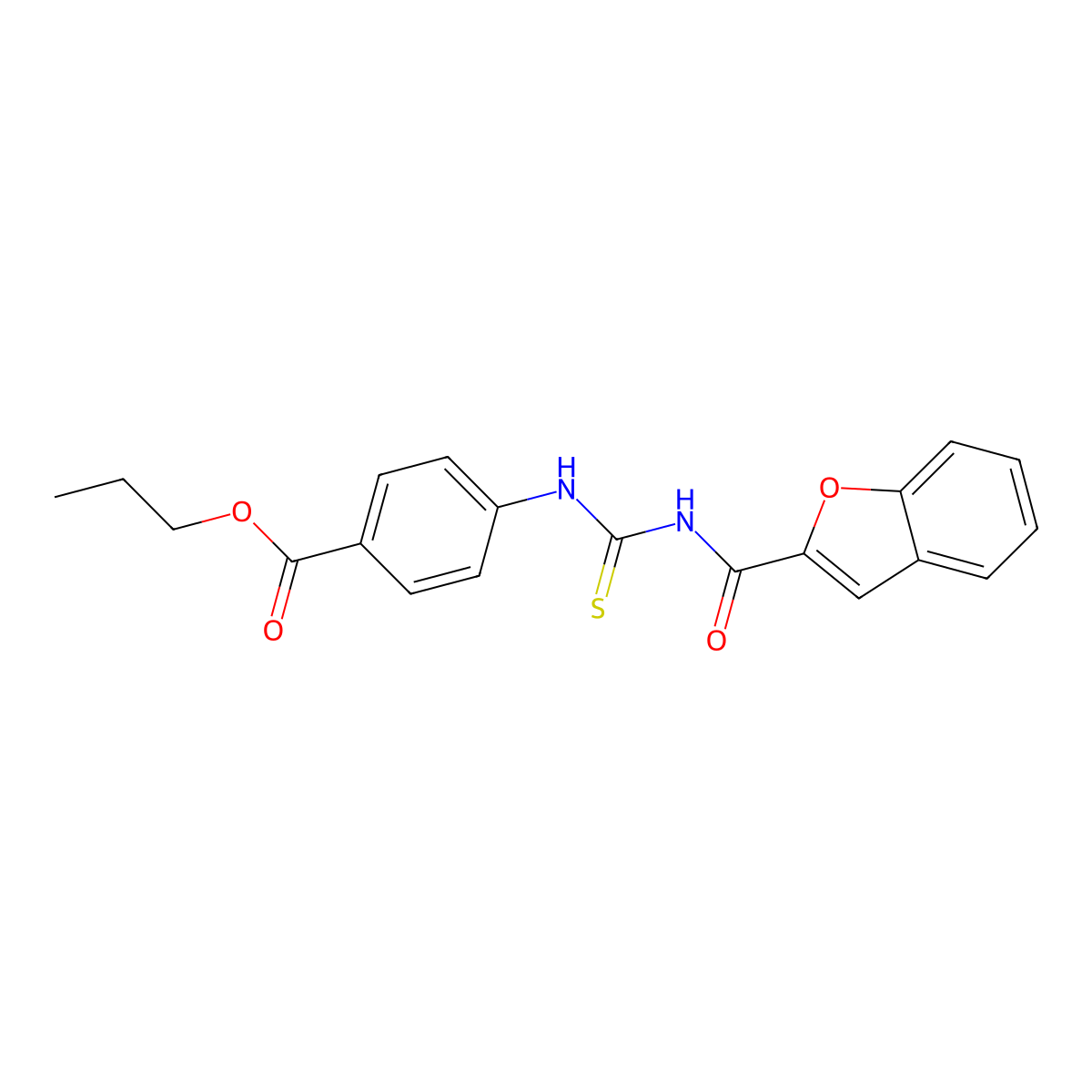 Propyl 4-{[(1-benzofuran-2-ylcarbonyl)carbamothioyl]amino}benzoate molecular structure, CAS 429621-09-0