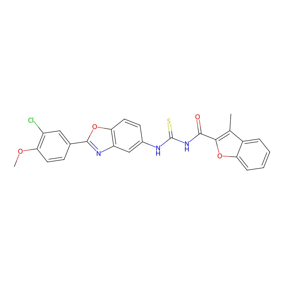 N-[[2-(3-chloro-4-methoxyphenyl)-1,3-benzoxazol-5-yl]carbamothioyl]-3-methyl-1-benzofuran-2-carboxamide molecular structure, CAS 429621-79-4