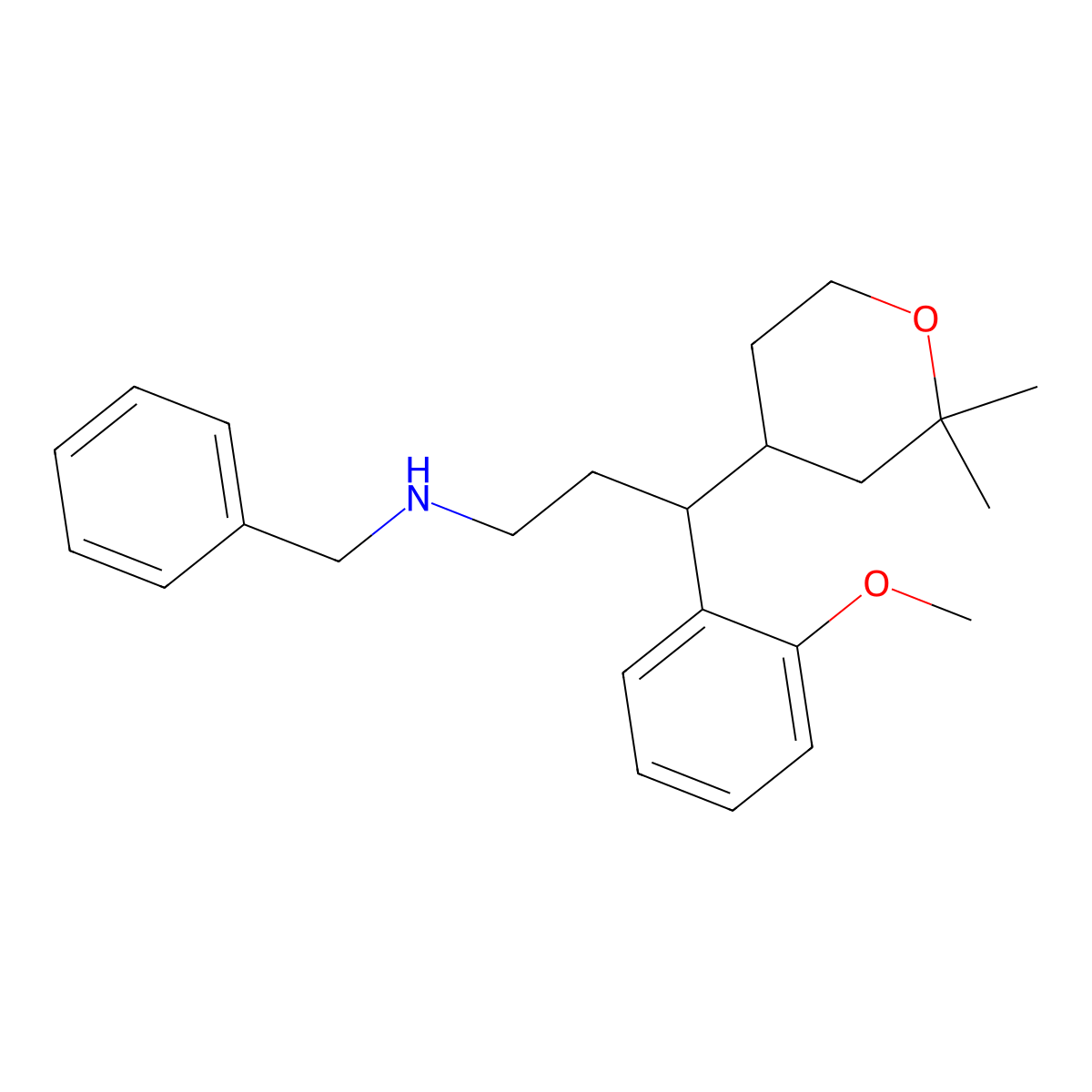 N-benzyl-3-(2,2-dimethyloxan-4-yl)-3-(2-methoxyphenyl)propan-1-amine molecular structure, CAS 429622-29-7