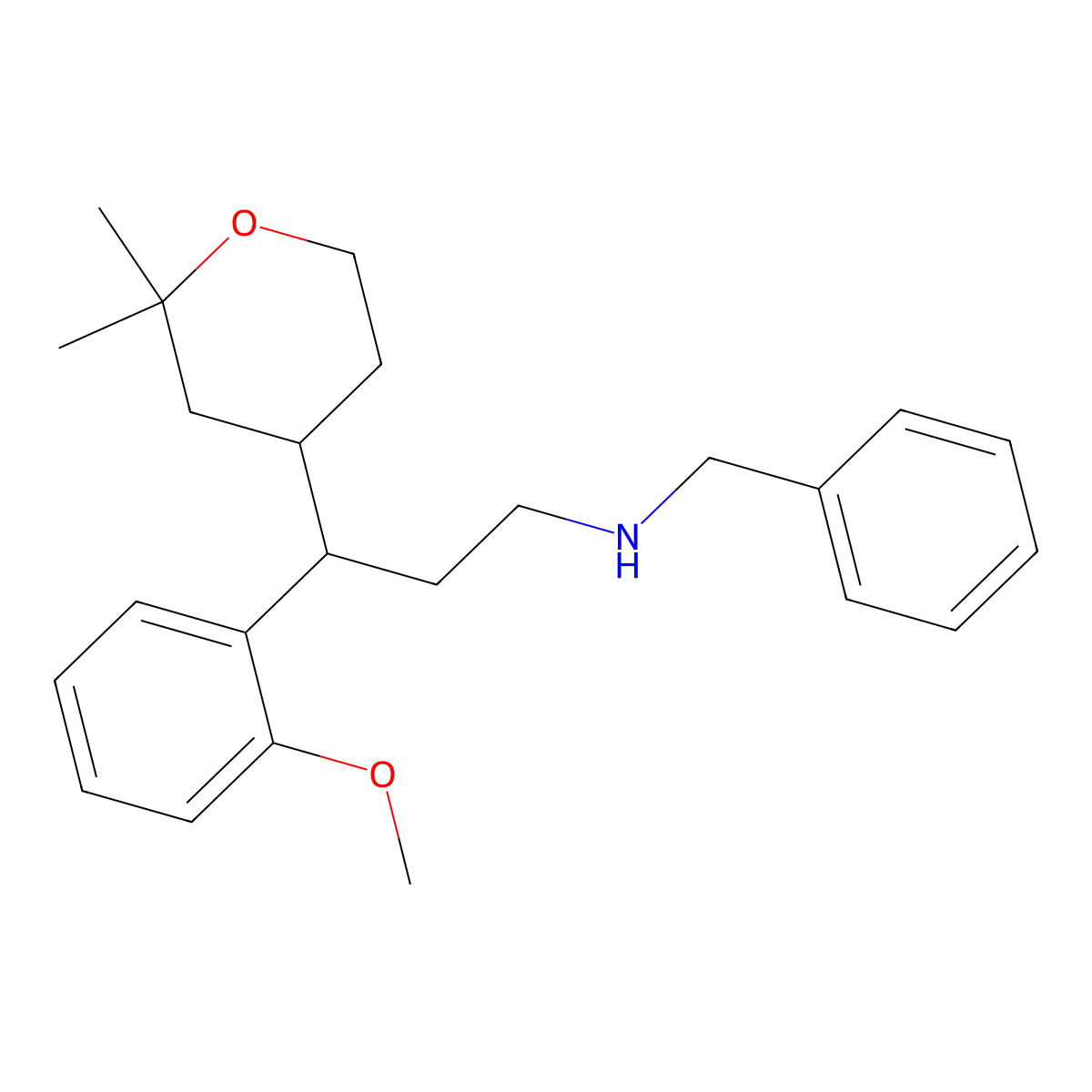 N-benzyl-3-(2,2-dimethyloxan-4-yl)-3-(2-methoxyphenyl)propan-1-amine molecular structure, CAS 429622-29-7