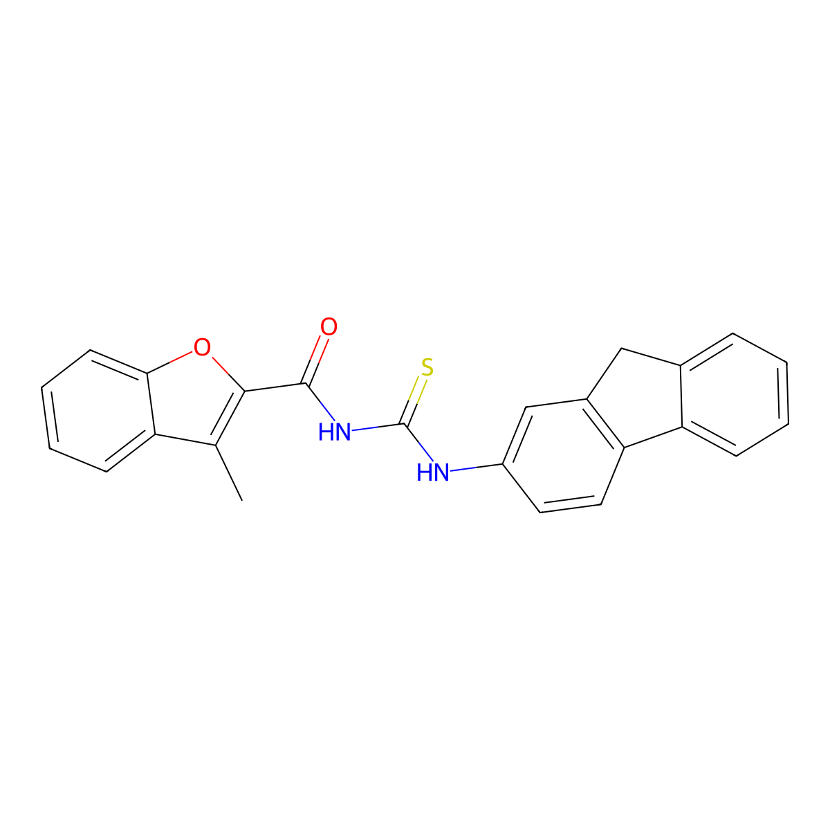 N-(9H-fluoren-2-ylcarbamothioyl)-3-methyl-1-benzofuran-2-carboxamide molecular structure, CAS 429623-06-3