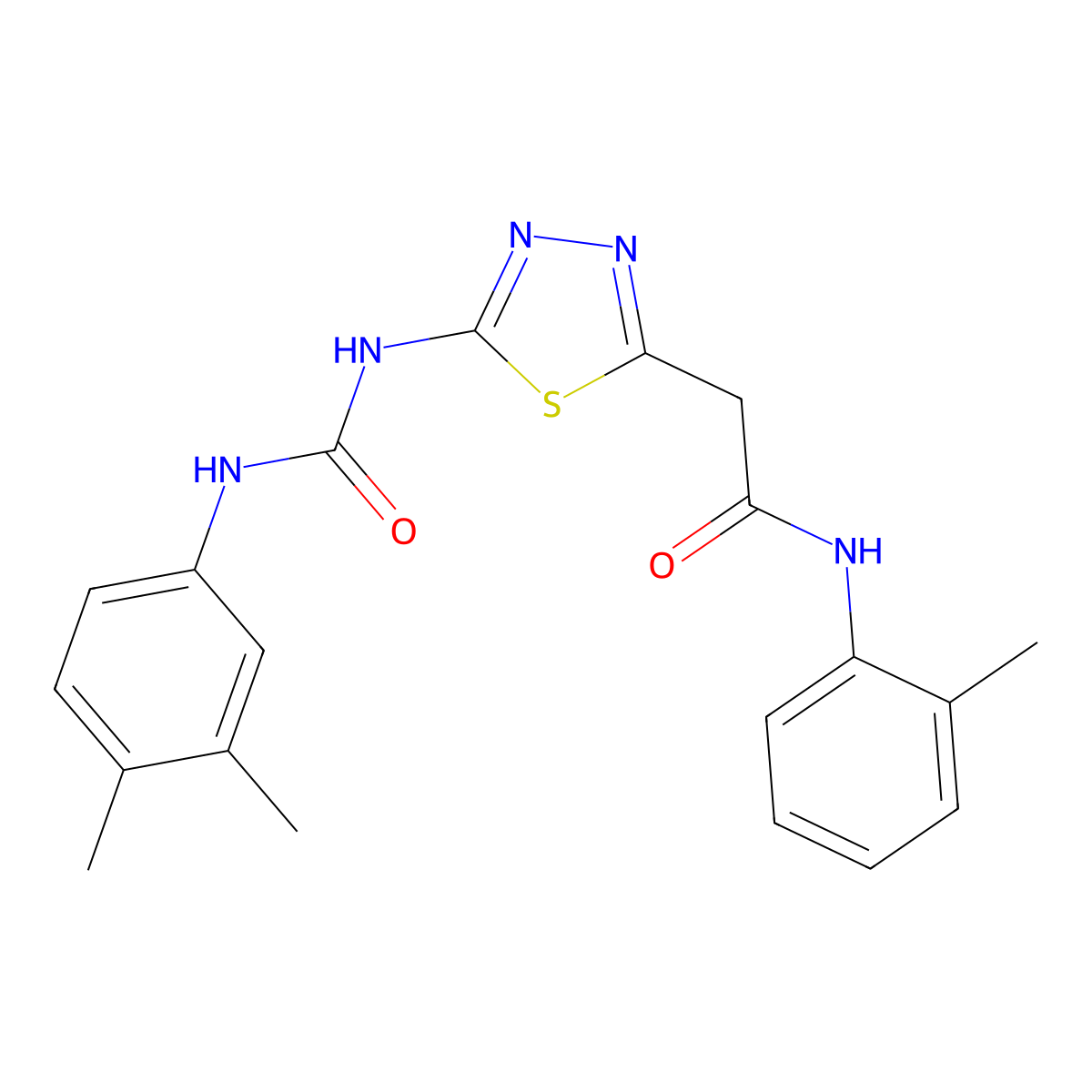 2-(5-{[(3,4-dimethylphenyl)carbamoyl]amino}-1,3,4-thiadiazol-2-yl)-N-(2-methylphenyl)acetamide molecular structure, CAS 429625-10-5